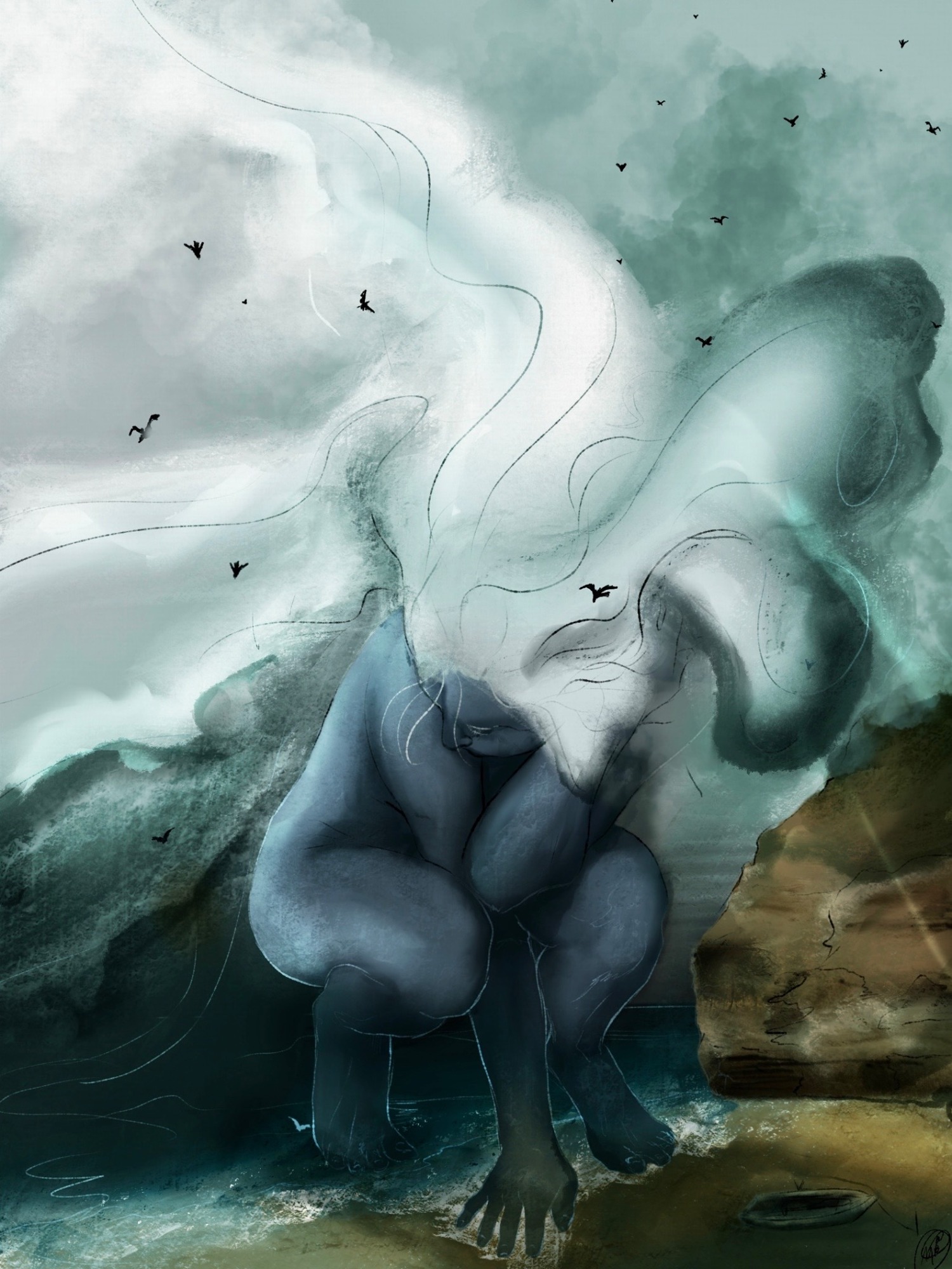 A giant figure curled beside the sea, with cloudlike hair and a tiny boat below.