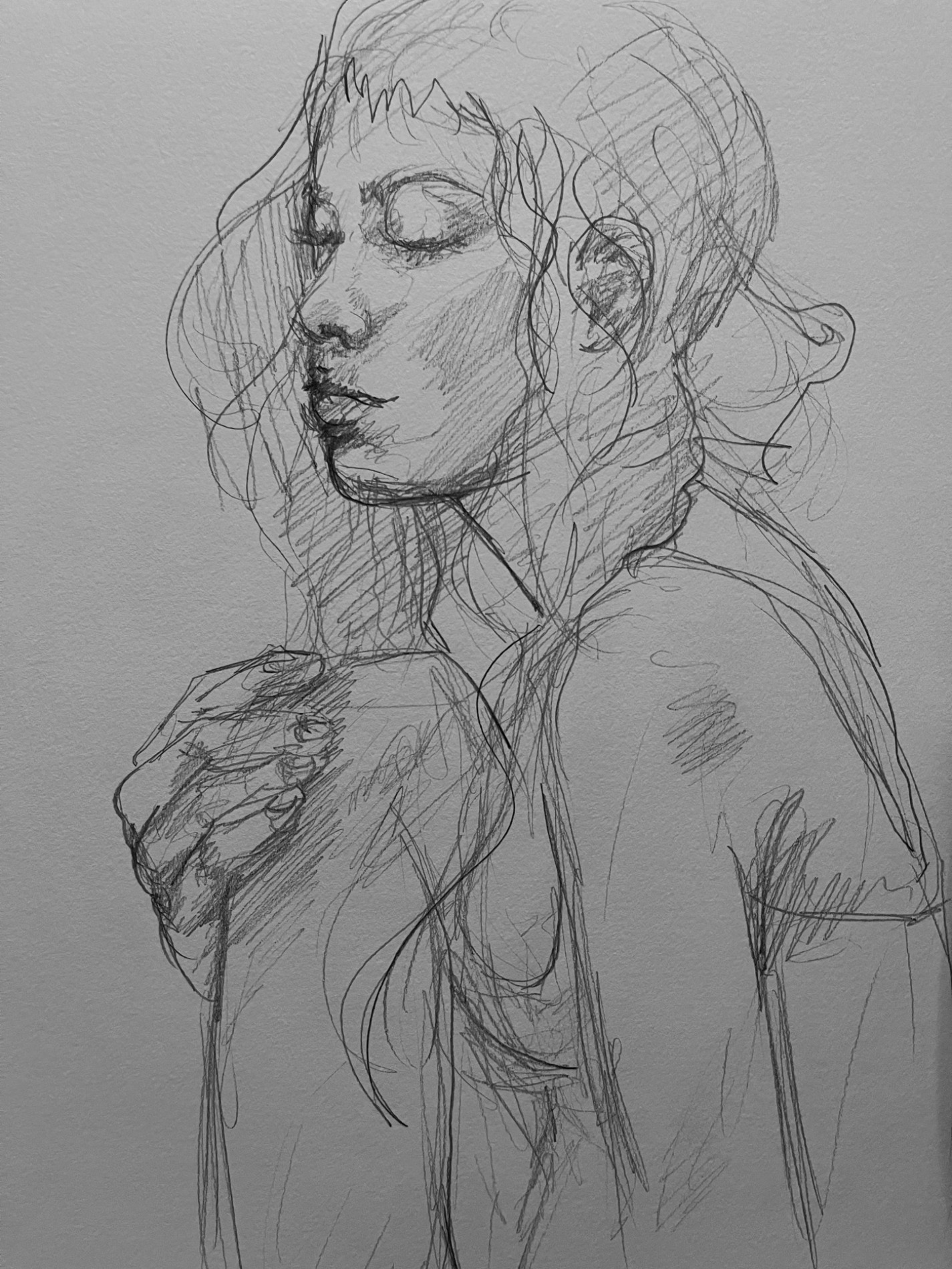 Pencil portrait study with expressive hands