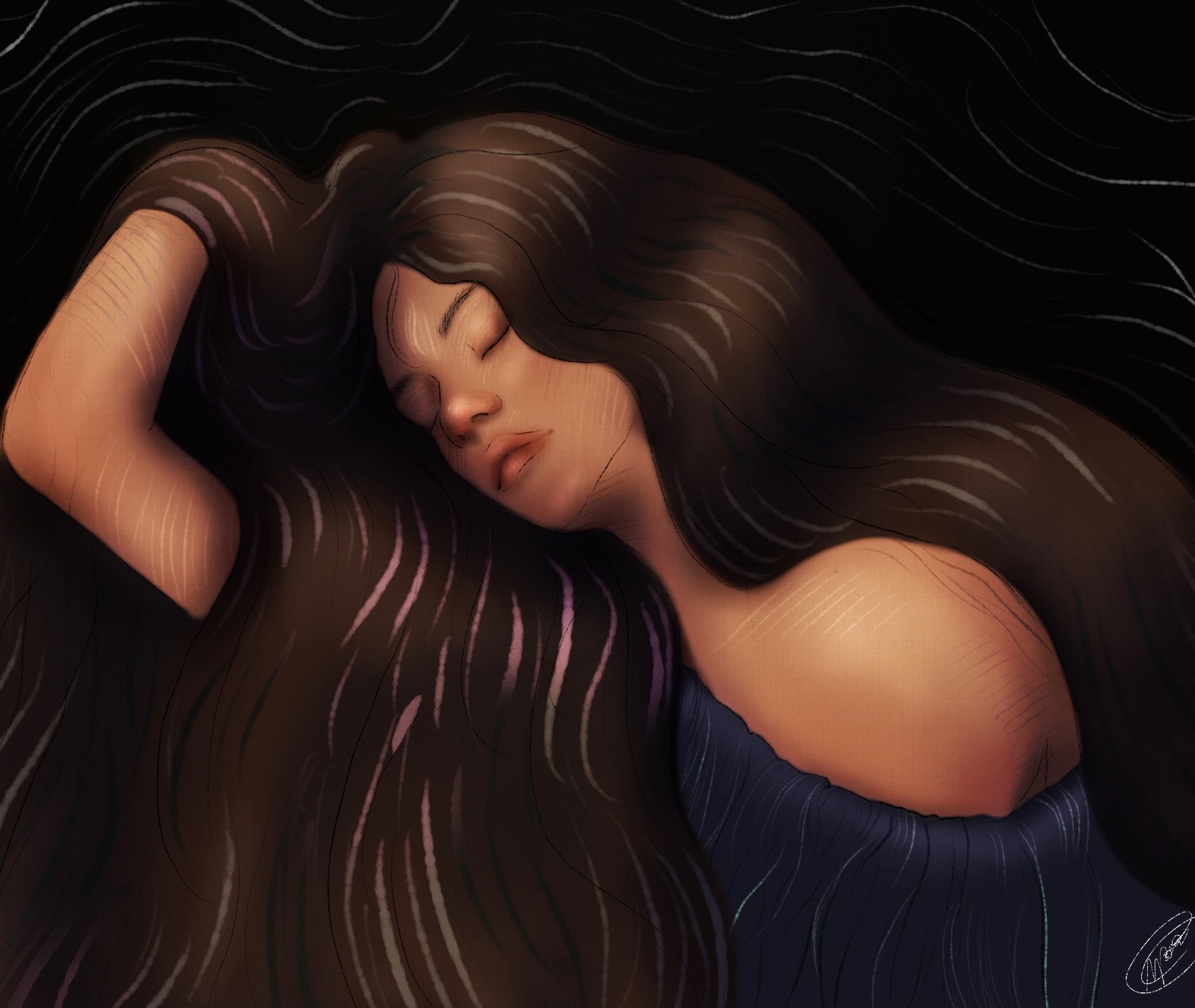 A dark-haired woman with closed eyes, painted in warm light.
